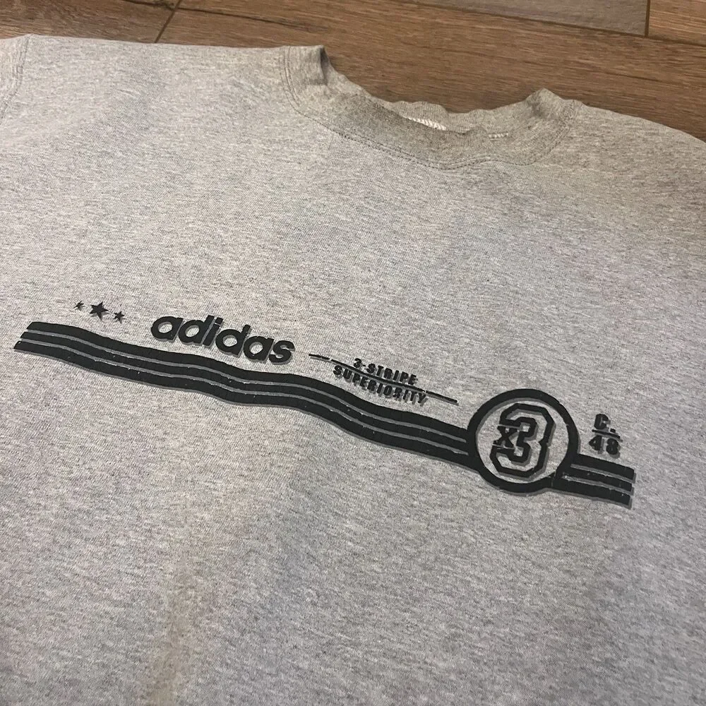 Vintage Y2K Adidas 3 Stripe Superiority Gray Crewneck Sweatshirt Sz L USA Made